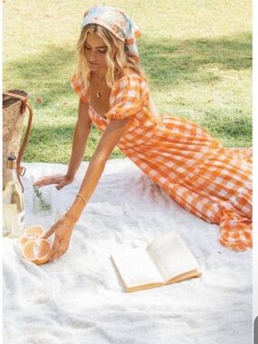MARBLE Orange and White Gingham Tiered Midi Dress